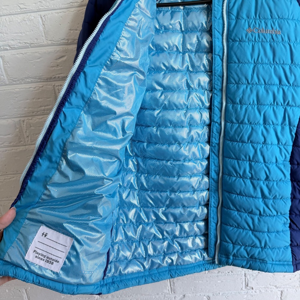Columbia Kids‎ Hooded Puffer Jacket Blue Aqua Lightweight Full Zip Size L 14 16 - Picture 4 of 5